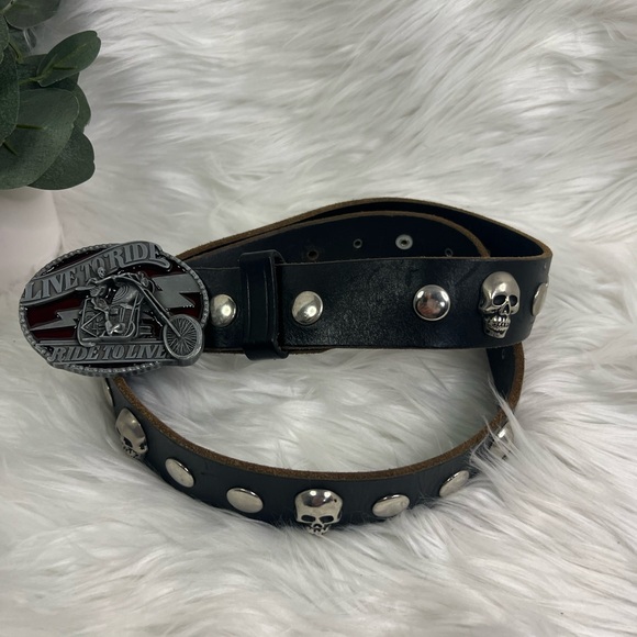Live to Ride - Ride to Live Black Leather Belt with Skull Accents